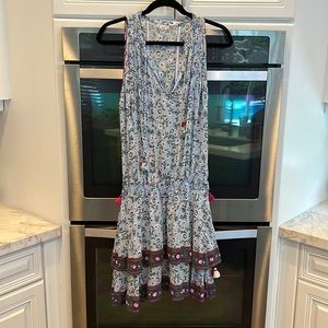 Poupette St. Barth Light Blue Floral Tiered Sundress with Pink Tassels